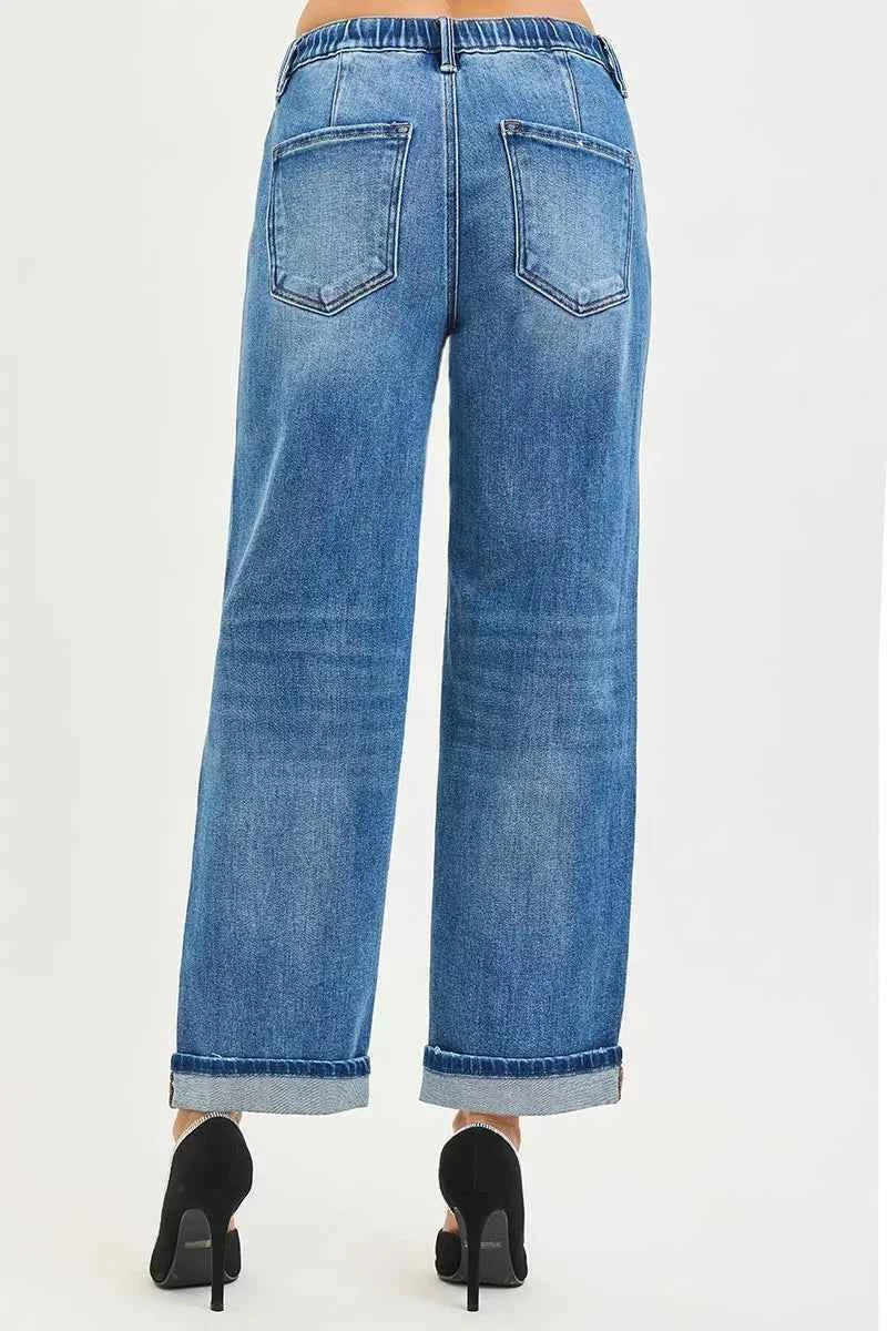 RISEN Boyfriend Cuffed Hem Jeans - Elastic Band Slouch Ankle Fit