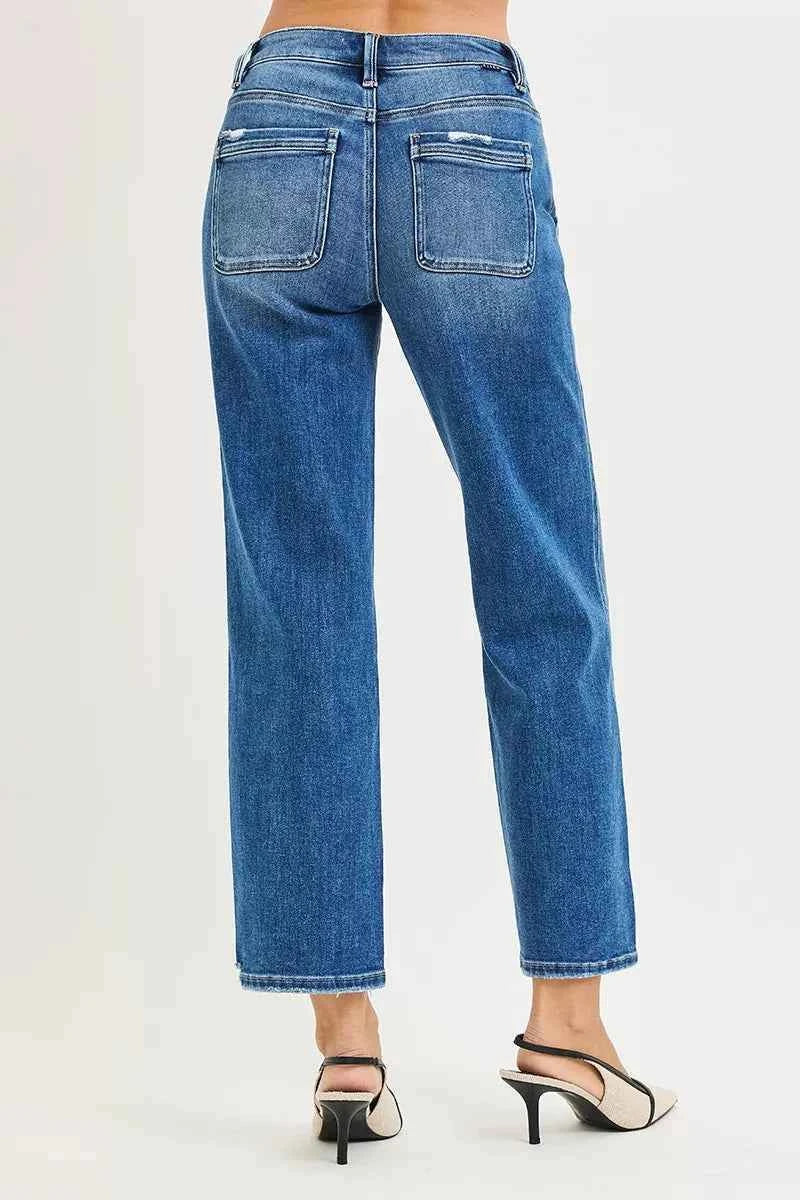 RISEN High Rise Ankle Jeans with Distressed Hem Detail