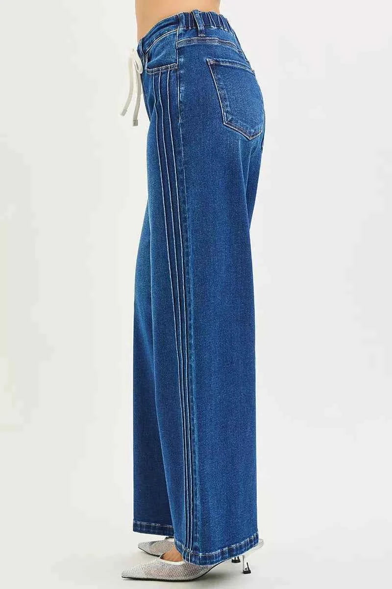 RISEN Mid Rise Jeans with Wide Side Pintuck and Front Drawstring