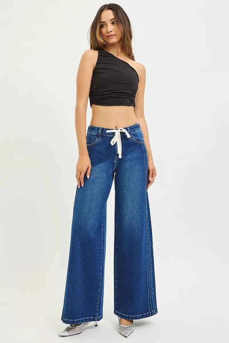 RISEN Mid Rise Jeans with Wide Side Pintuck and Front Drawstring