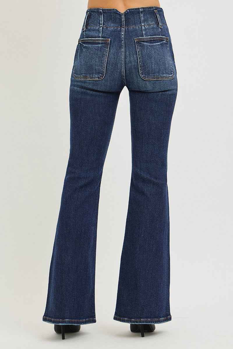 RISEN High Rise Flare Jeans with Seam Detail Waistband for Effortless Style
