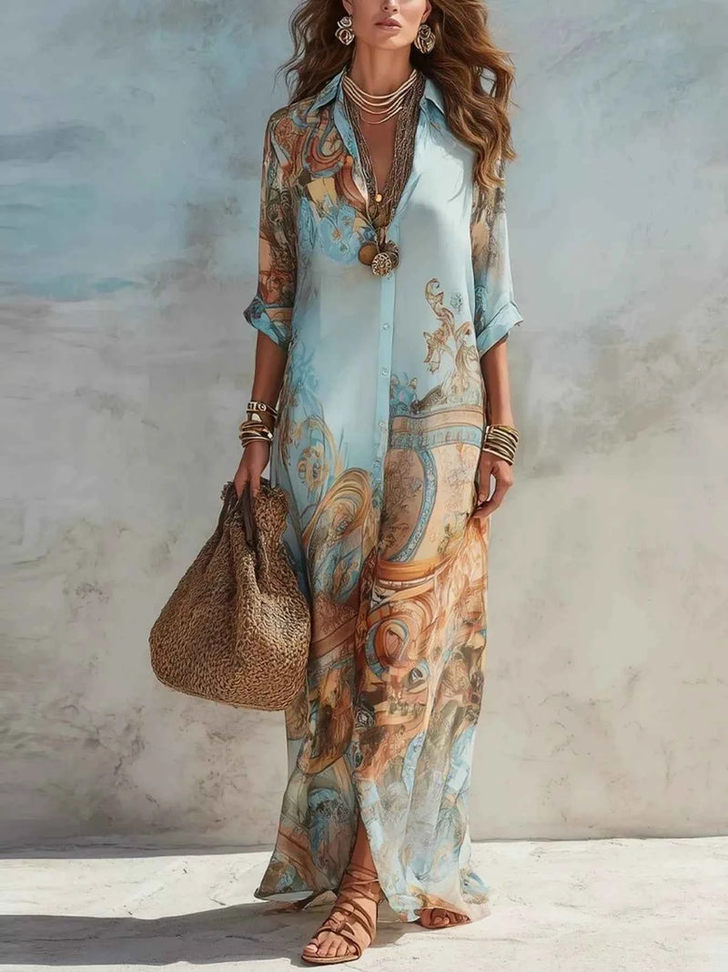 Full Size Printed Button Down Roll-Up Sleeve Shirt Maxi Dress Plus Size