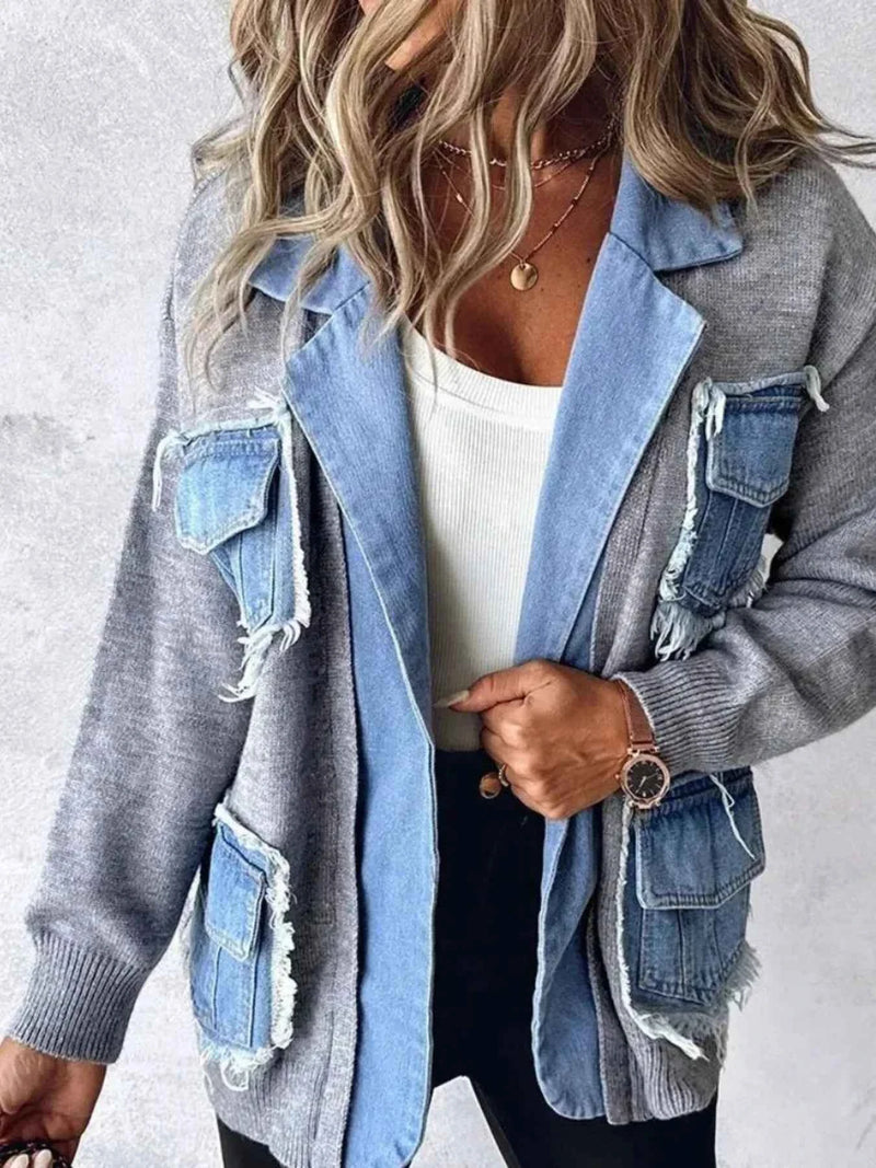Raw Hem Denim Pocket Patchwork Cardigan