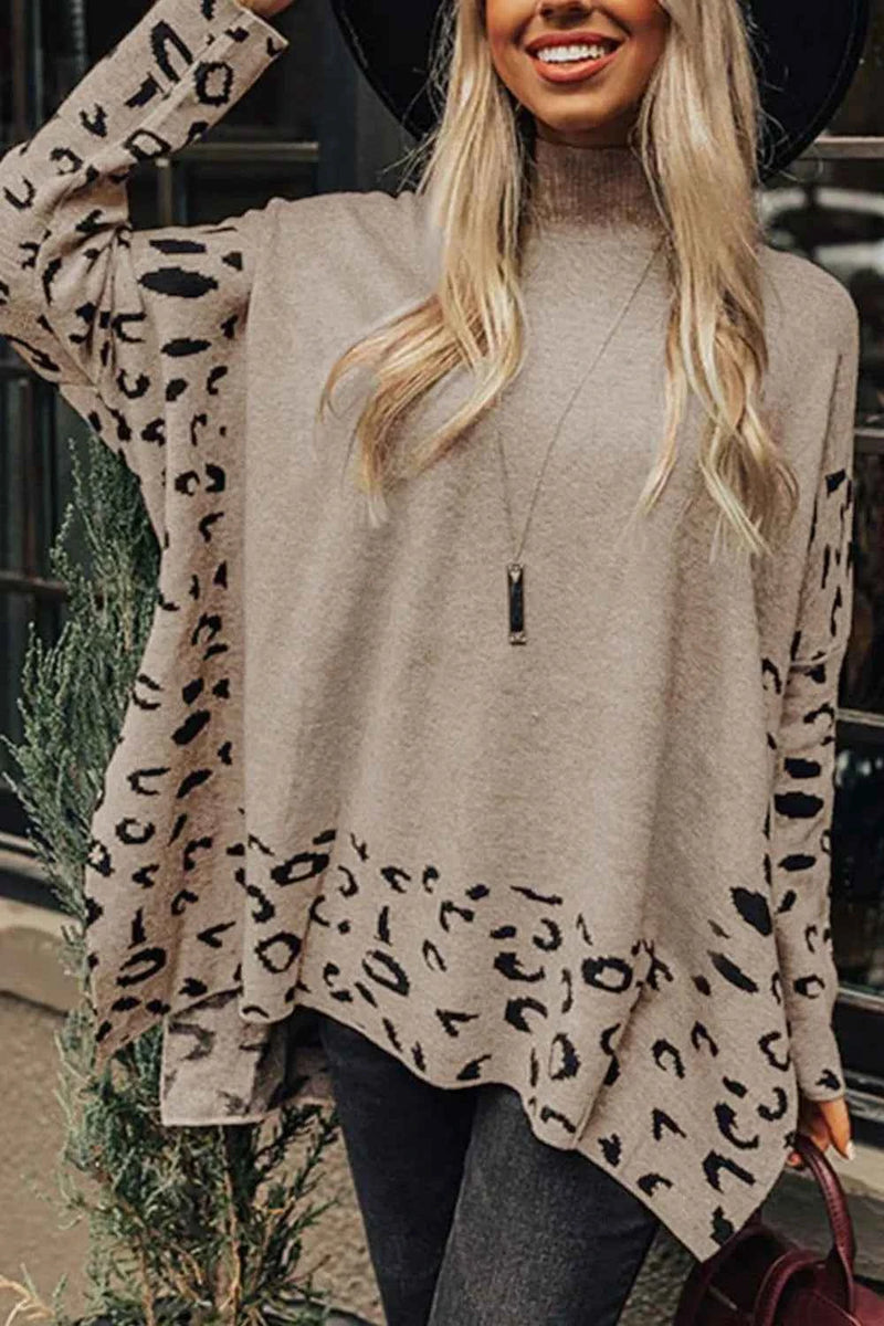 Slit Leopard Mock Neck Dropped Shoulder Sweater