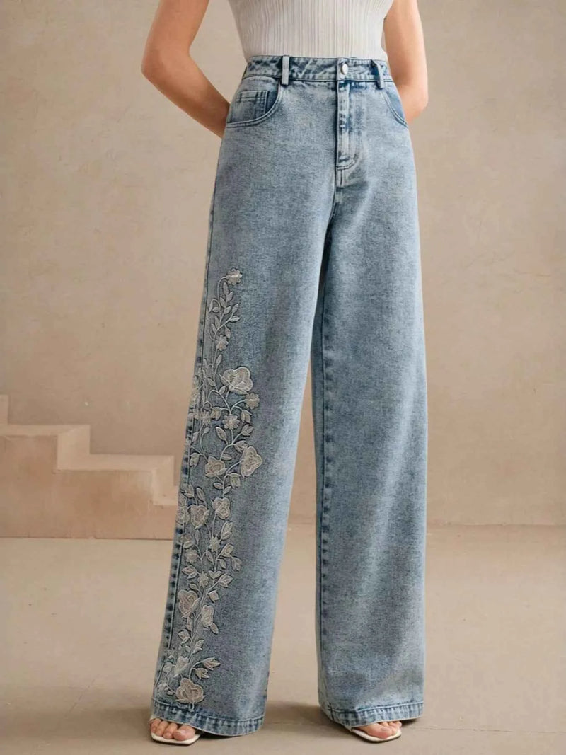 Embroidered Wide-Leg Jeans