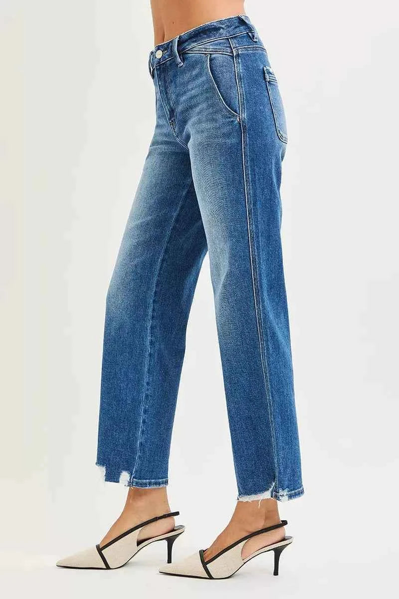 RISEN High Rise Ankle Jeans with Distressed Hem Detail