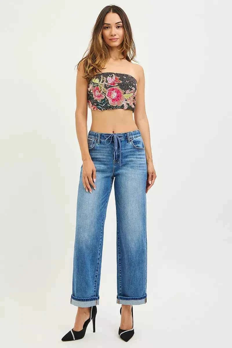 RISEN Boyfriend Cuffed Hem Jeans - Elastic Band Slouch Ankle Fit
