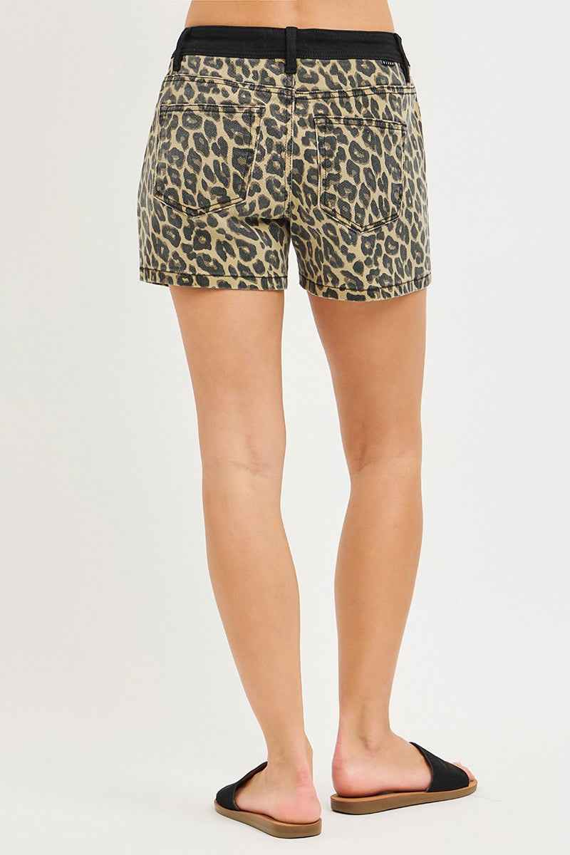 RISEN High Rise Leopard Shorts with Contrast Waistband for Stylish Comfort
