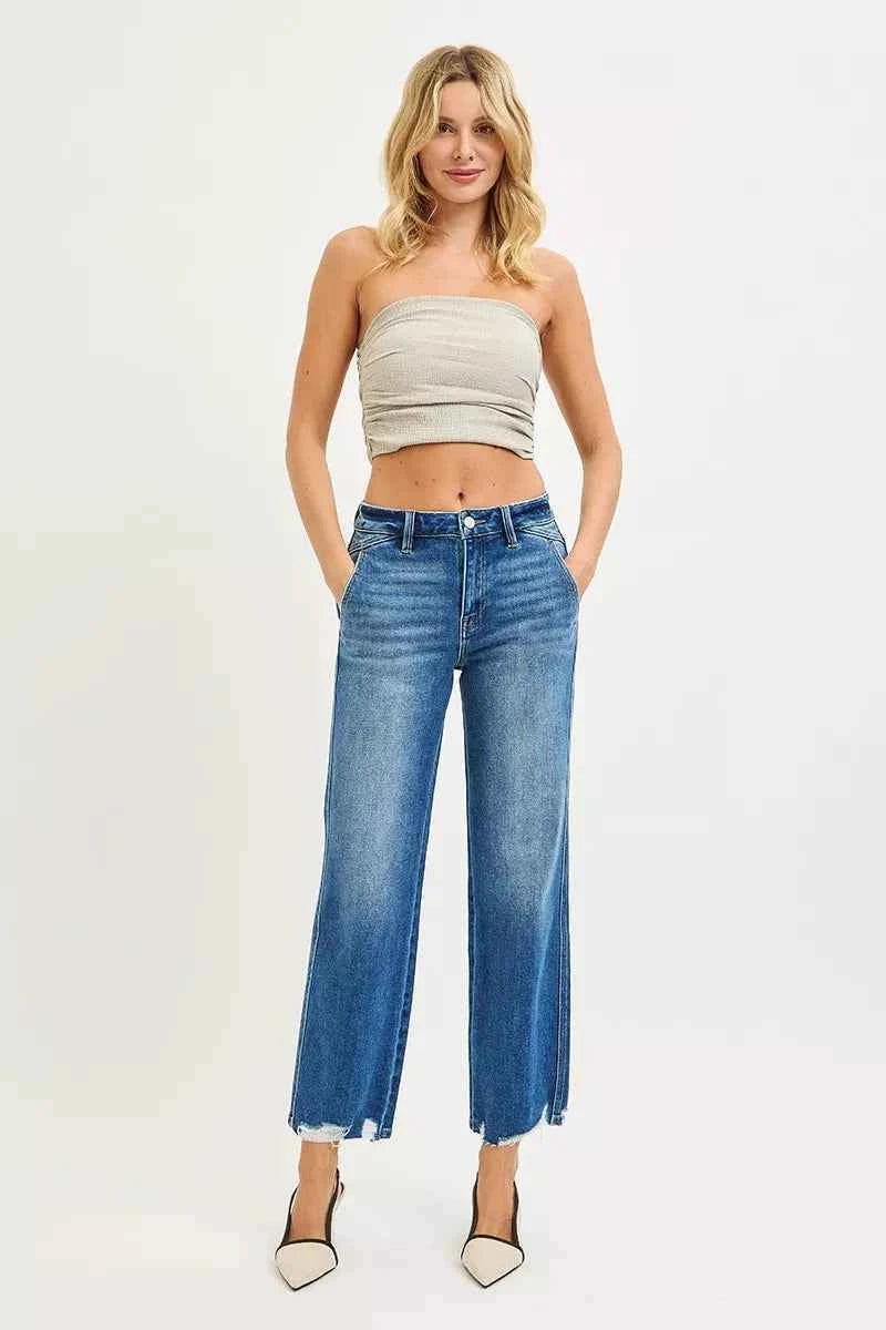 RISEN High Rise Ankle Jeans with Distressed Hem Detail