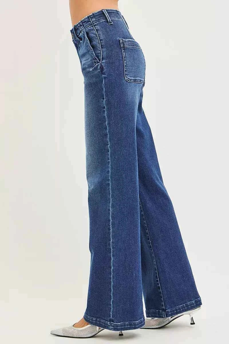 RISEN High Rise Wide Leg Jeans with Slanted Pockets for Effortless Style