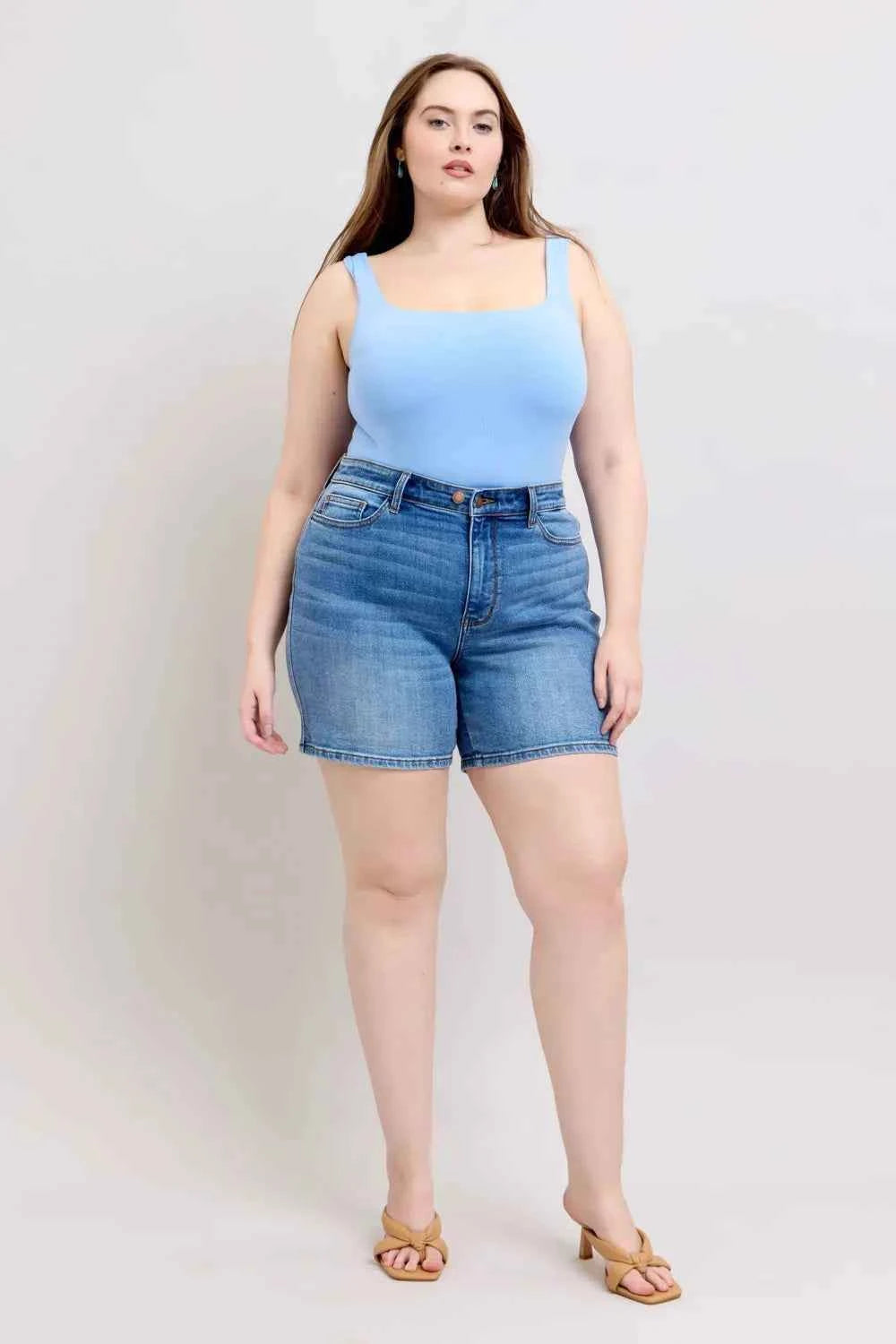 Judy Blue Plus Size Denim Shorts with Pockets - Full Size 2 Button Design