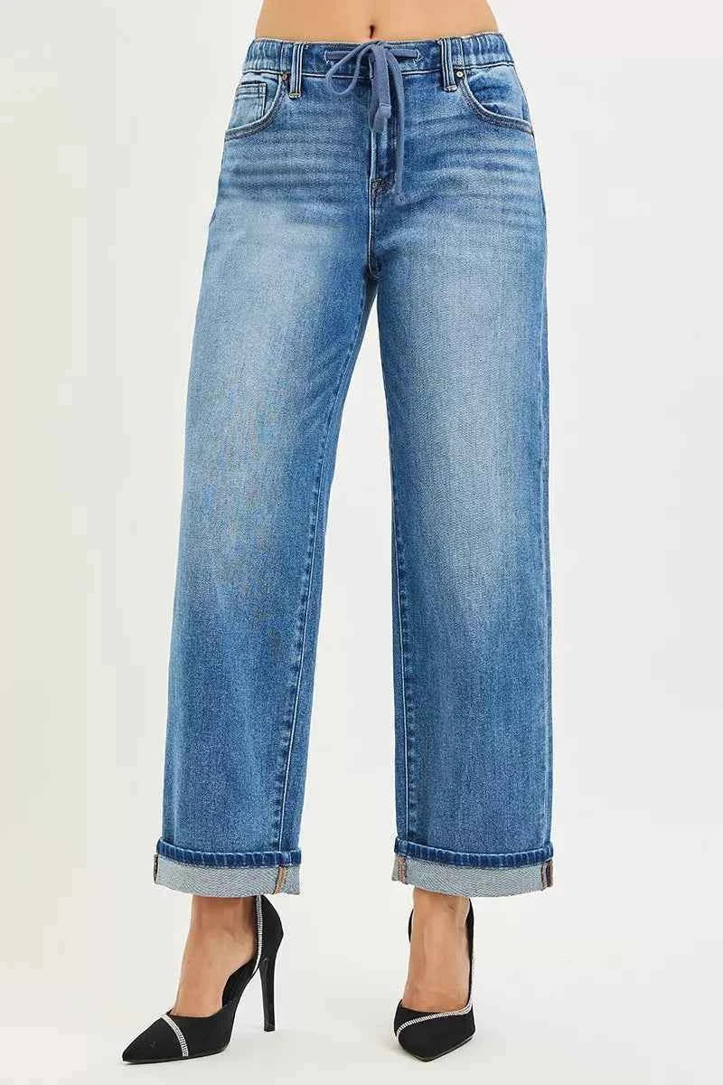 RISEN Boyfriend Cuffed Hem Jeans - Elastic Band Slouch Ankle Fit