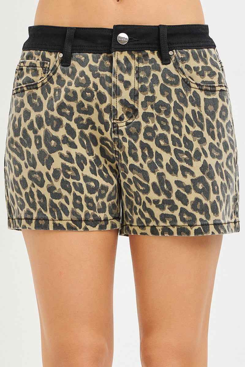 RISEN High Rise Leopard Shorts with Contrast Waistband for Stylish Comfort