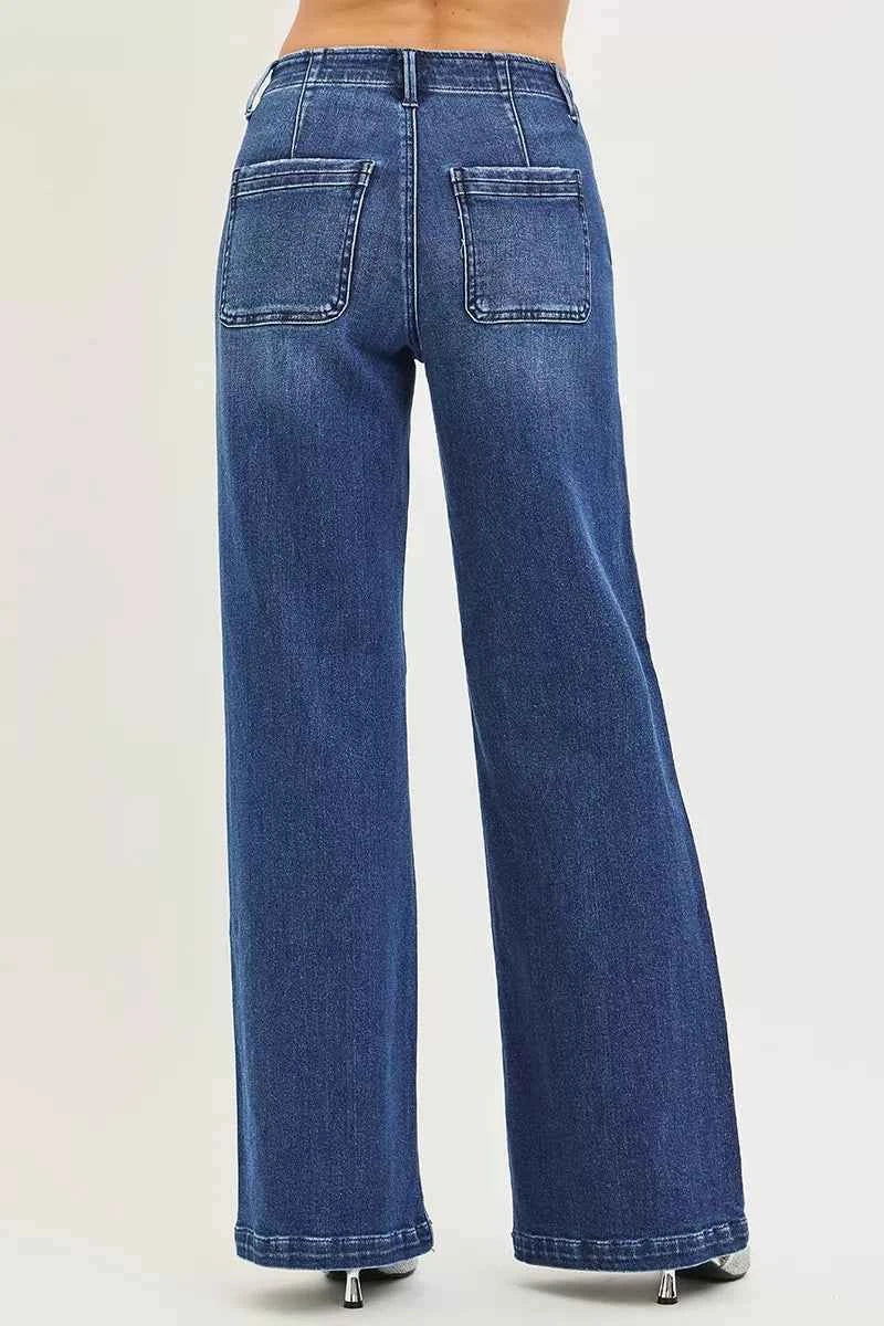RISEN High Rise Wide Leg Jeans with Slanted Pockets for Effortless Style