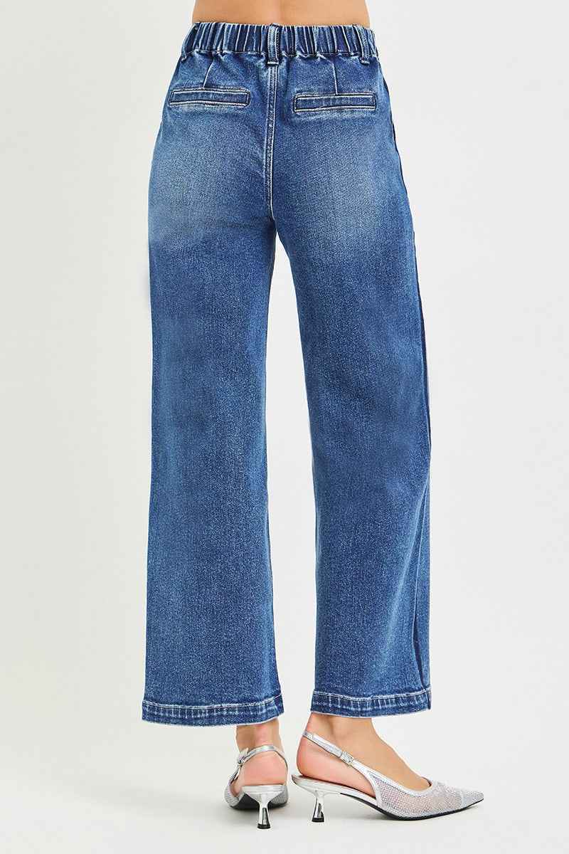 RISEN High Rise Wide Jeans - Elastic Band Cropped Style