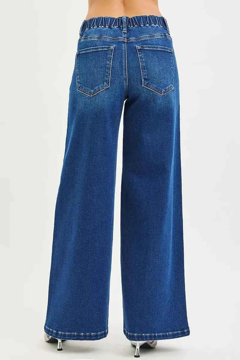 RISEN Mid Rise Jeans with Wide Side Pintuck and Front Drawstring