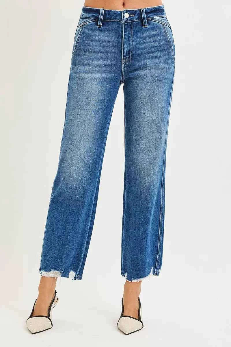 RISEN High Rise Ankle Jeans with Distressed Hem Detail