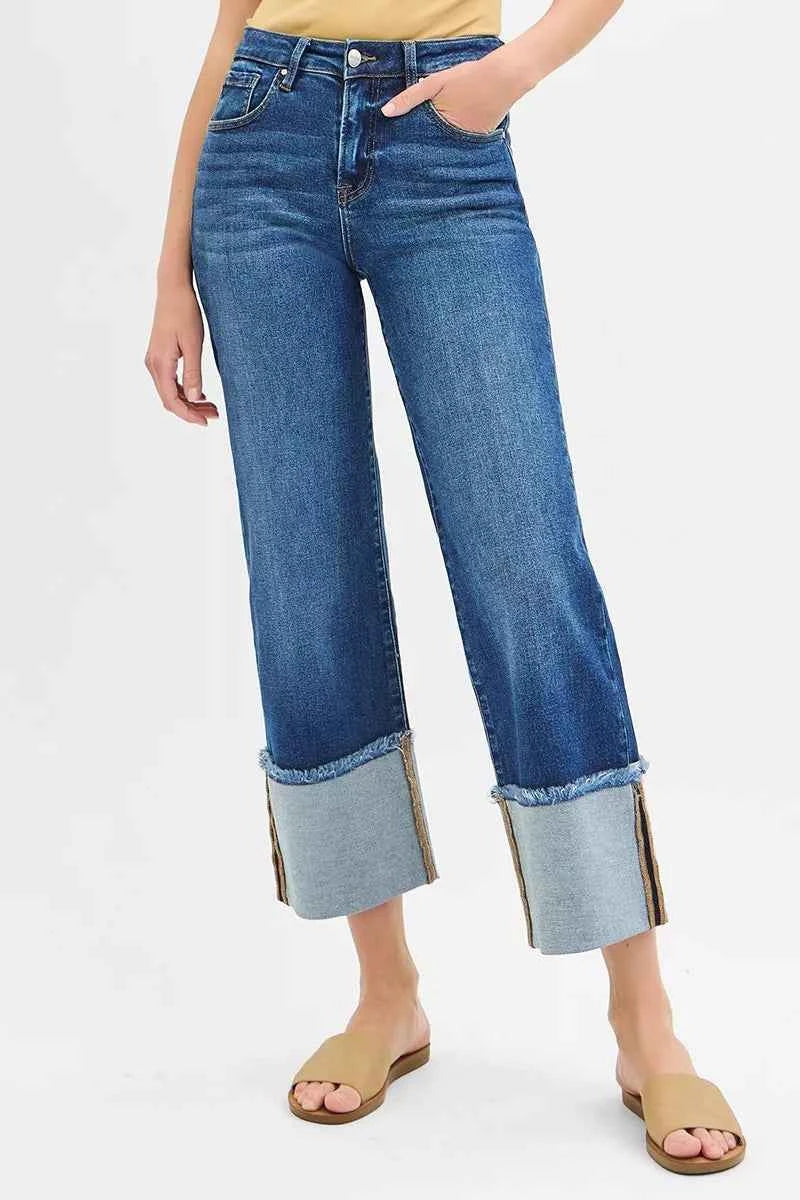 RISEN Full Size Mid Rise Crop Wide Wide Cuffed Jeans Plus Size