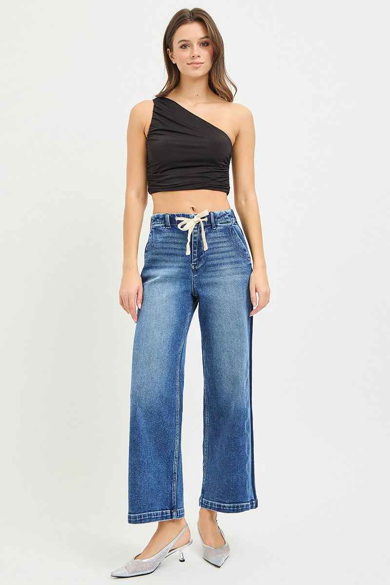 RISEN High Rise Wide Jeans - Elastic Band Cropped Style