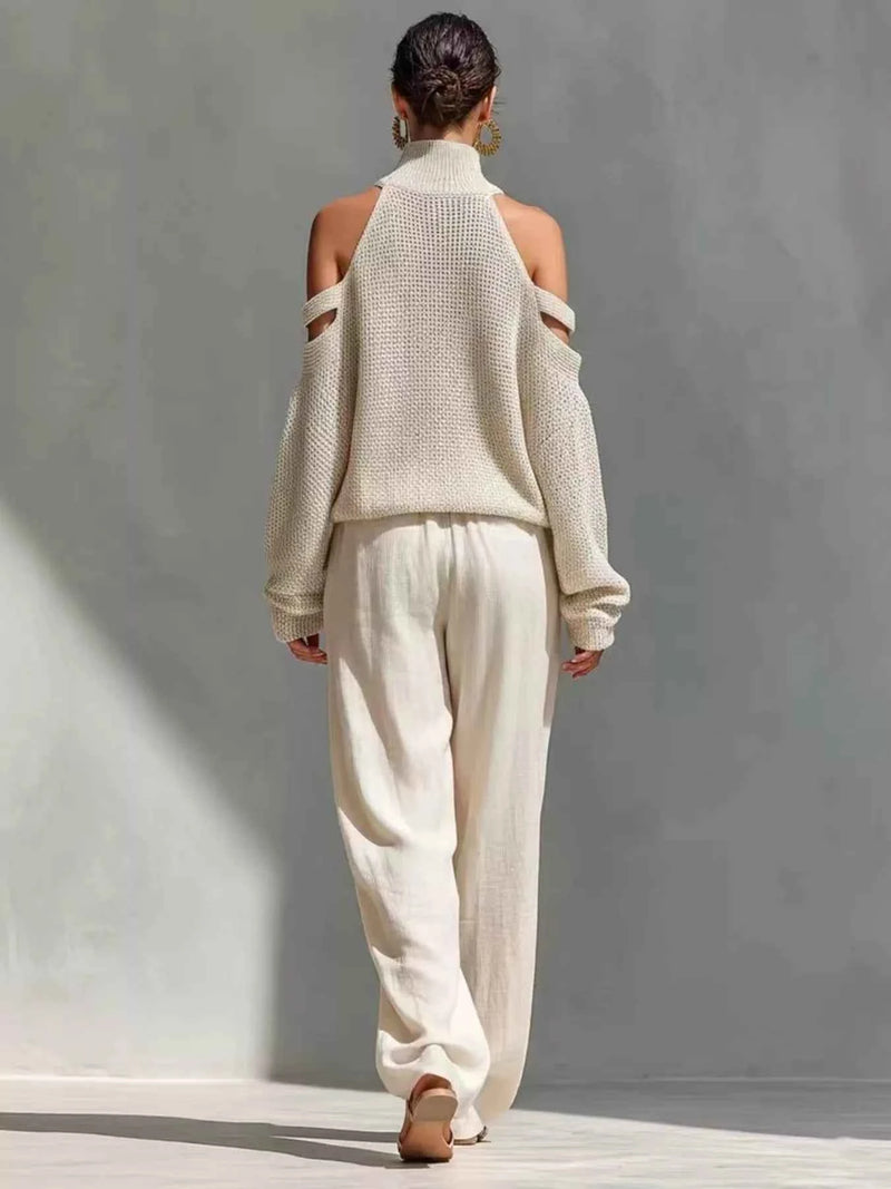 Cold Shoulder Turtleneck Top and Wide-Leg Pants Set