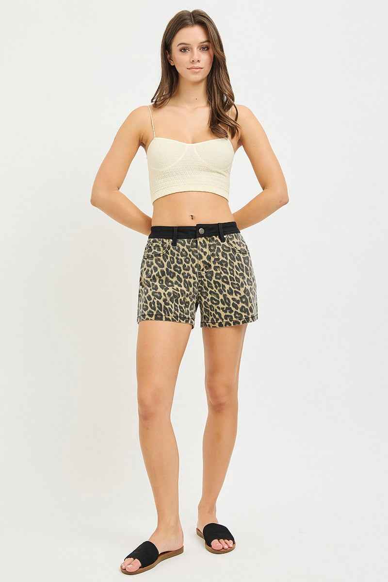 RISEN High Rise Leopard Shorts with Contrast Waistband for Stylish Comfort