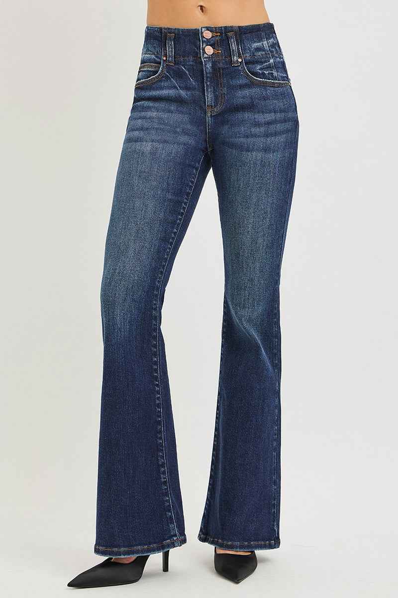 RISEN High Rise Flare Jeans with Seam Detail Waistband for Effortless Style