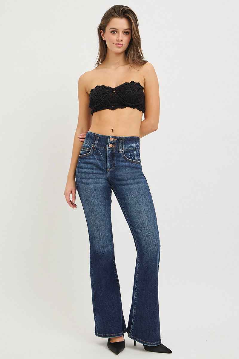 RISEN High Rise Flare Jeans with Seam Detail Waistband for Effortless Style