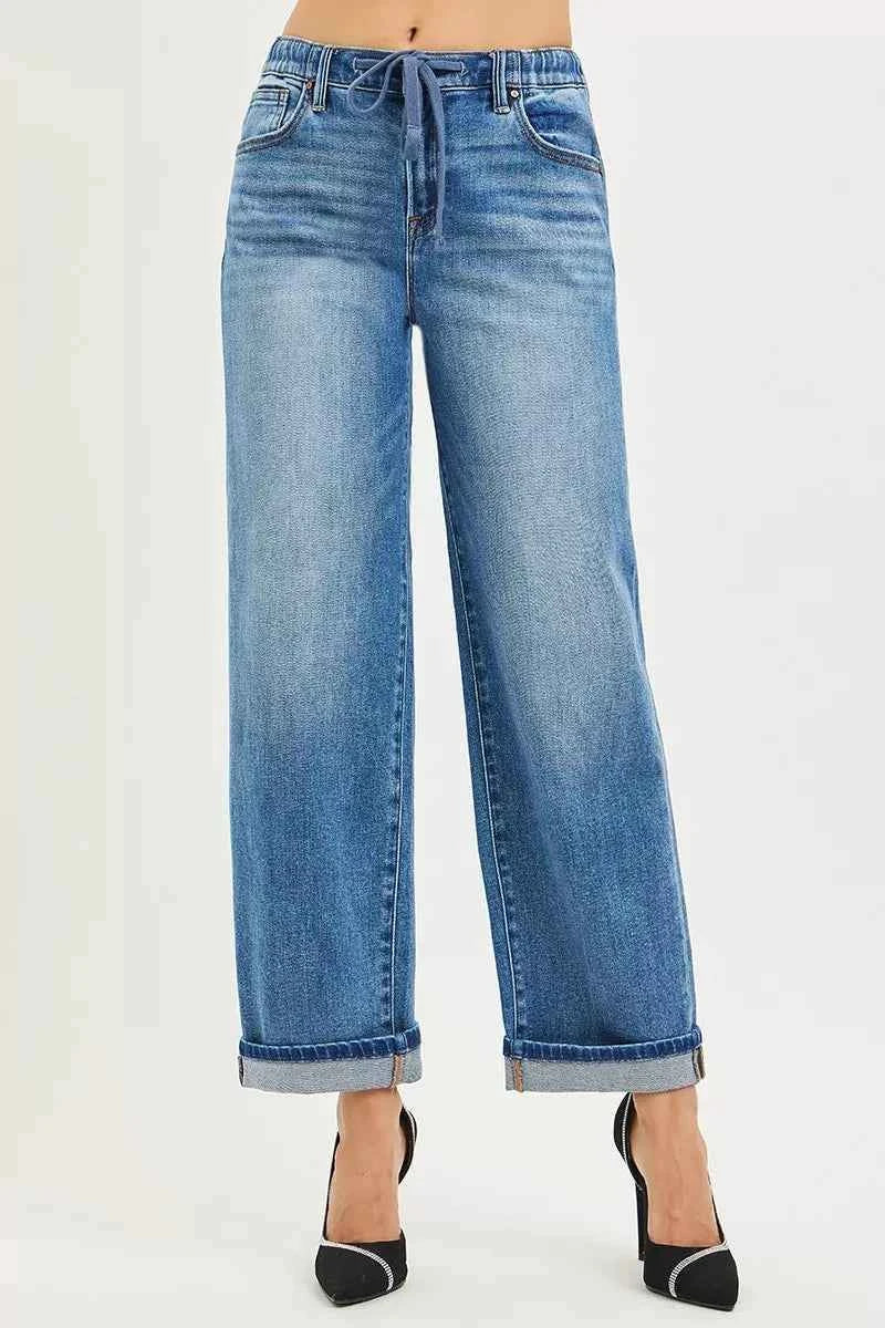 RISEN Boyfriend Cuffed Hem Jeans - Elastic Band Slouch Ankle Fit