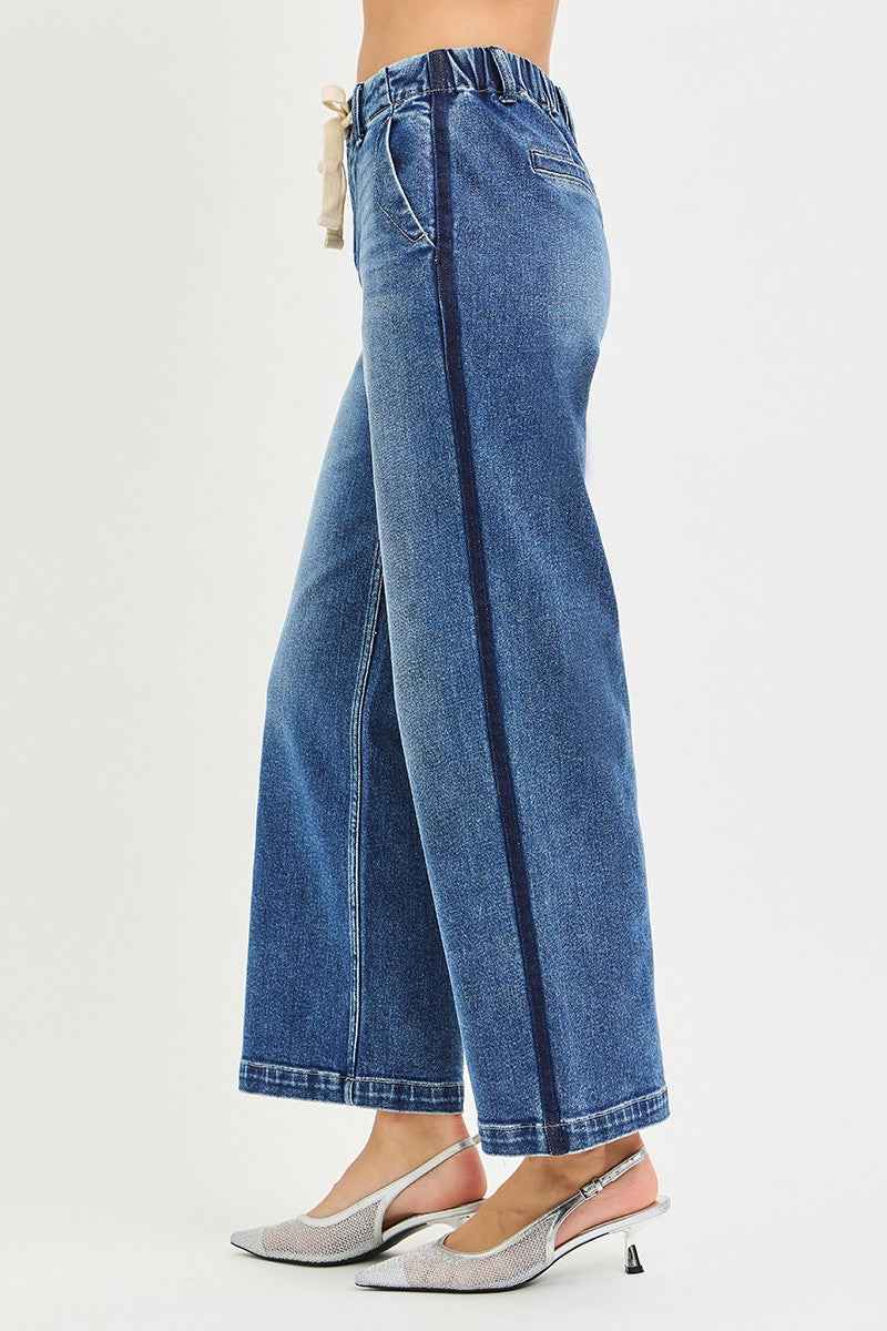 RISEN High Rise Wide Jeans - Elastic Band Cropped Style