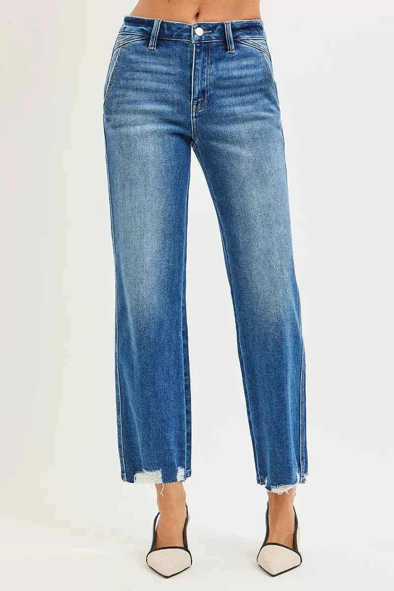 RISEN High Rise Ankle Jeans with Distressed Hem Detail