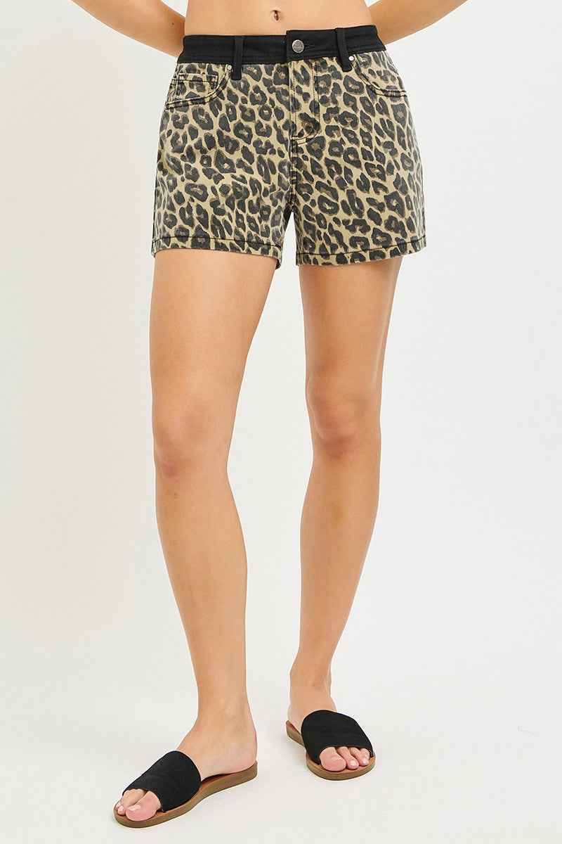 RISEN High Rise Leopard Shorts with Contrast Waistband for Stylish Comfort