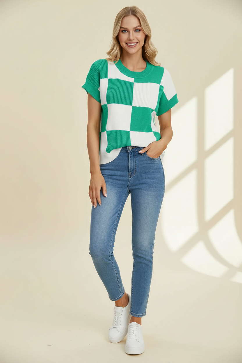 Checkered Short Sleeve Sweater