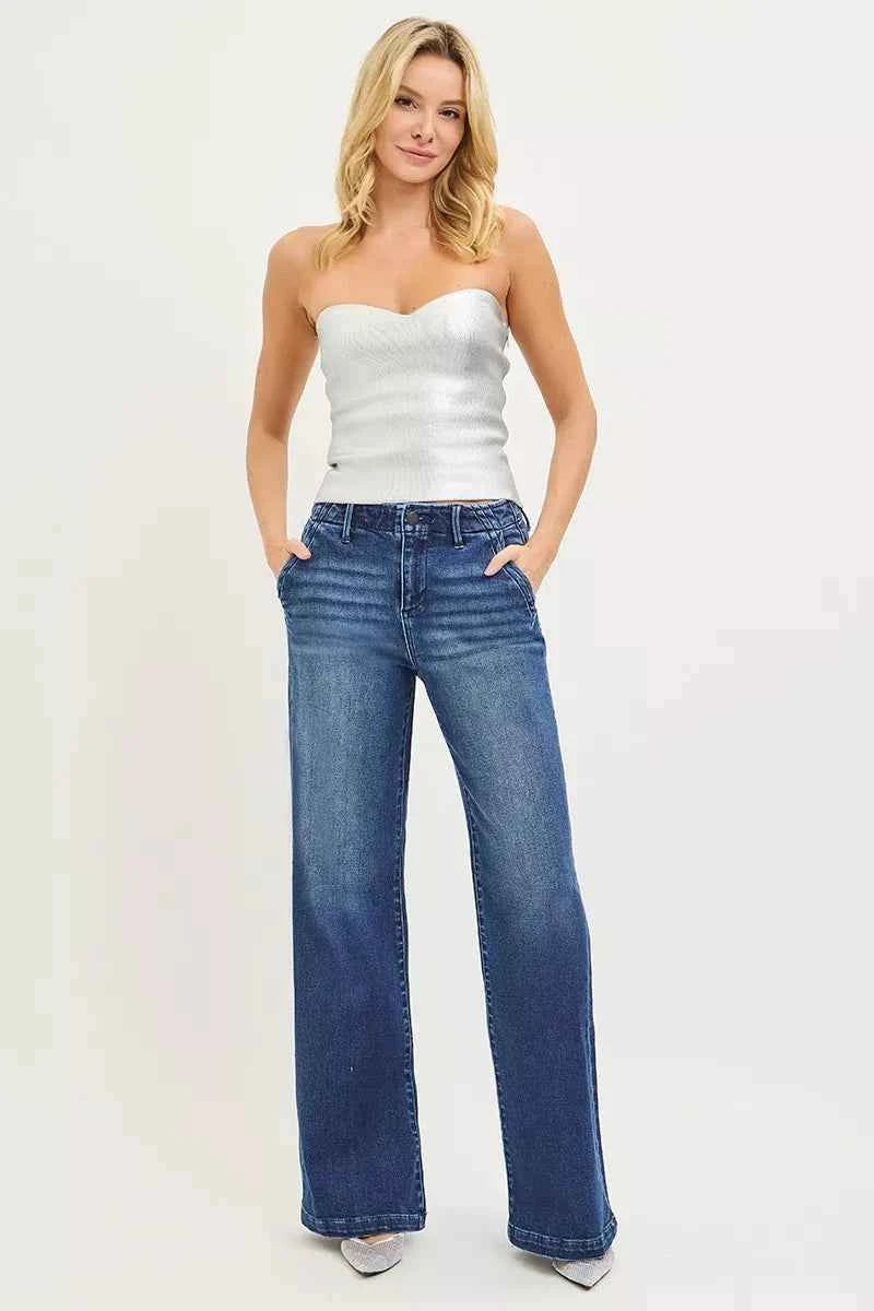 RISEN High Rise Wide Leg Jeans with Slanted Pockets for Effortless Style