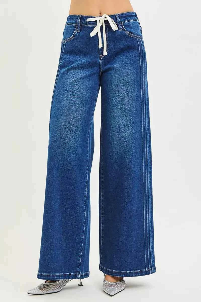 RISEN Mid Rise Jeans with Wide Side Pintuck and Front Drawstring