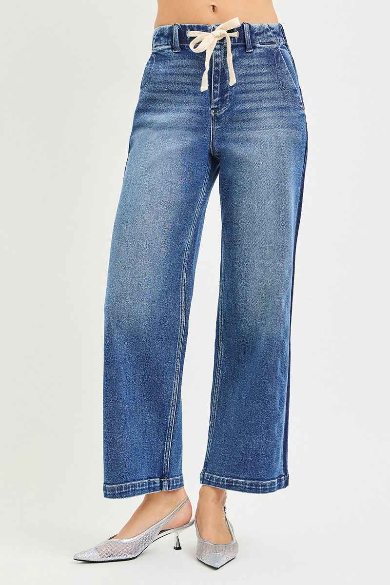 RISEN High Rise Wide Jeans - Elastic Band Cropped Style