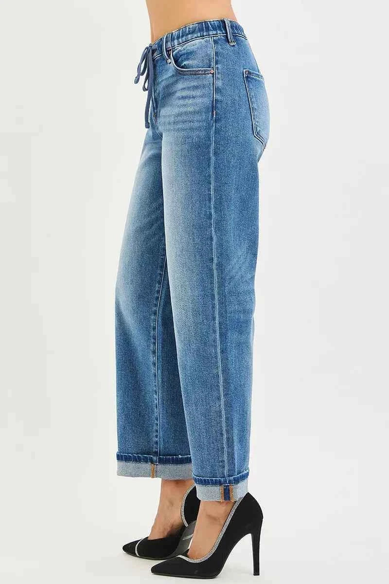 RISEN Boyfriend Cuffed Hem Jeans - Elastic Band Slouch Ankle Fit