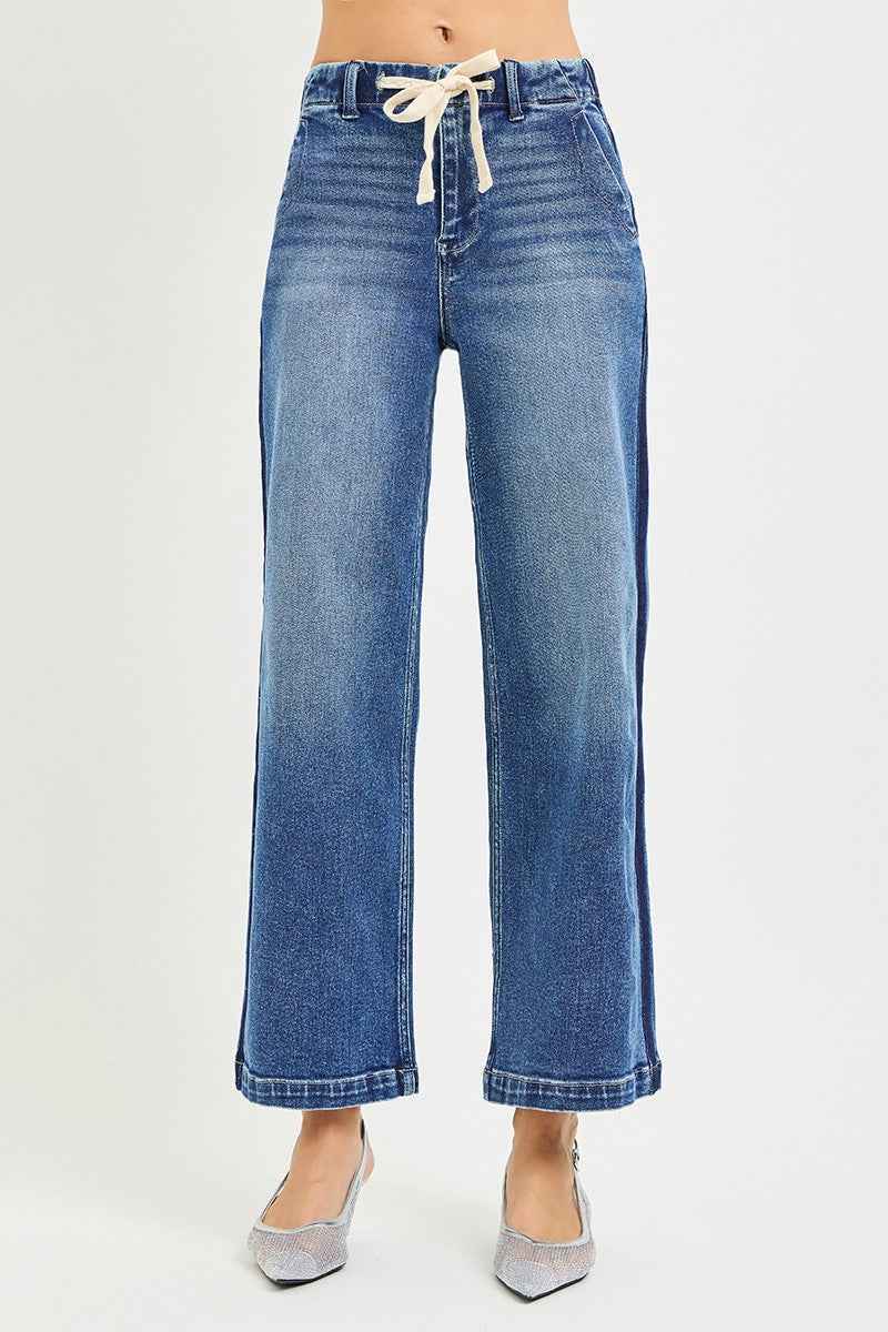 RISEN High Rise Wide Jeans - Elastic Band Cropped Style