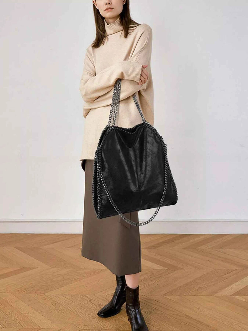 Chain-Trimmed PU Leather Shoulder Bag