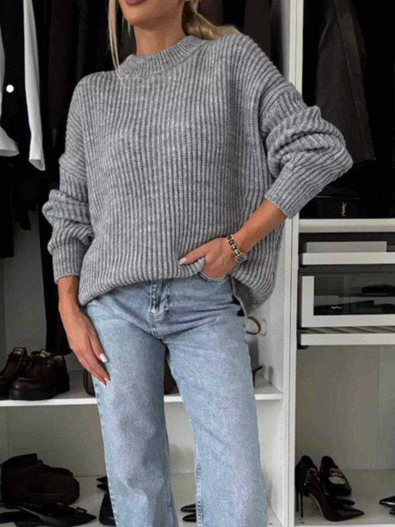 Ribbed Knit Crew Neck Sweater