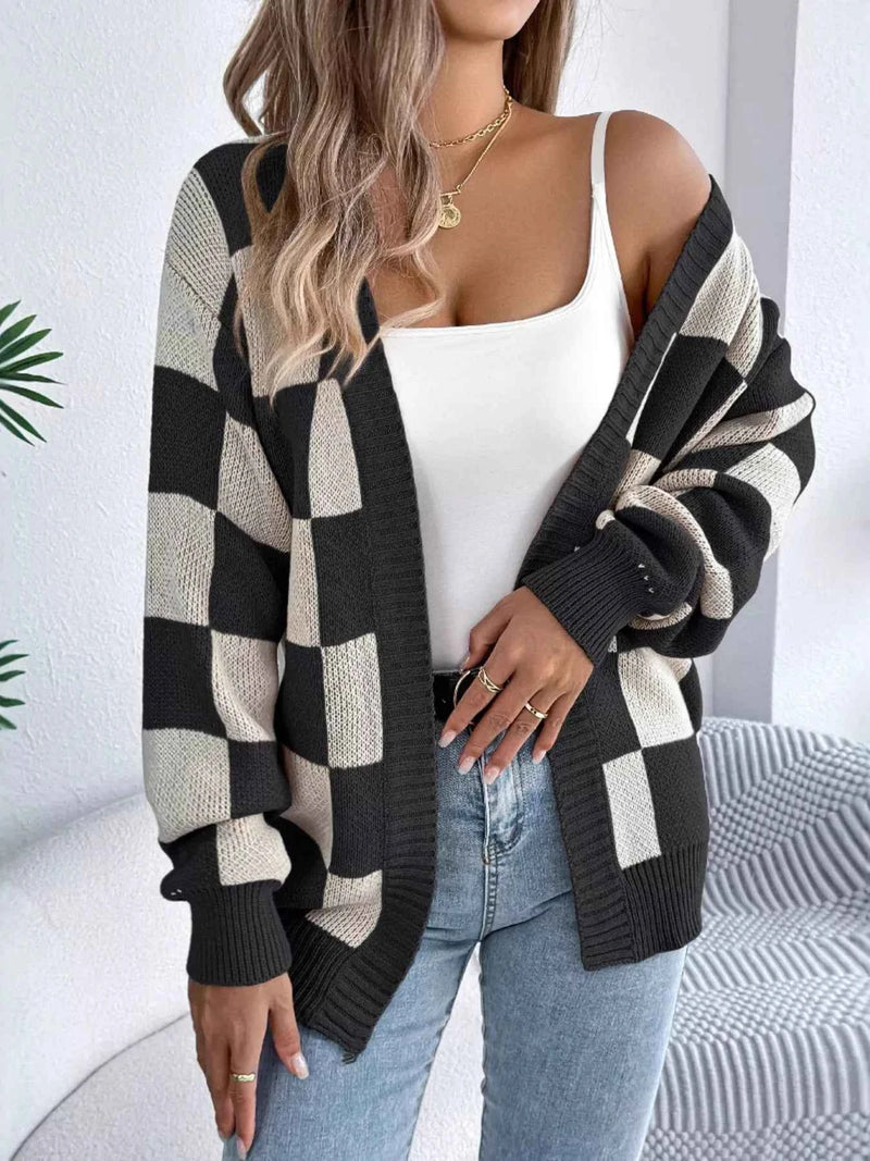 Checkerboard Pattern Open Front Knit Cardigan