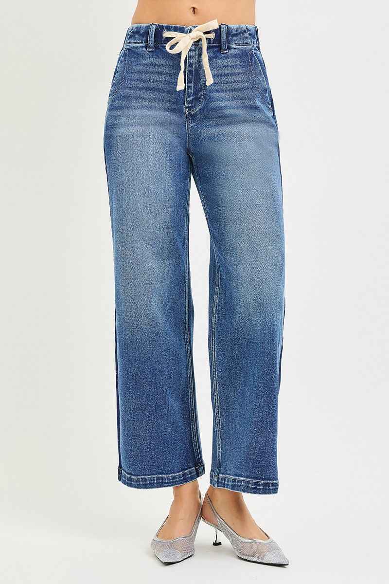 RISEN High Rise Wide Jeans - Elastic Band Cropped Style