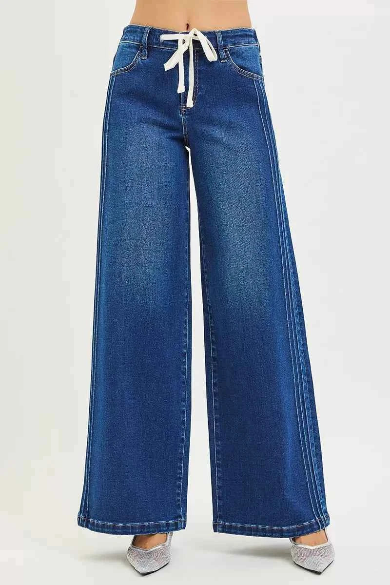 RISEN Mid Rise Jeans with Wide Side Pintuck and Front Drawstring