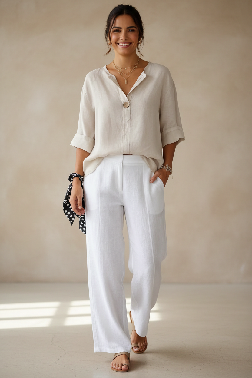 Linen Blend Notched Blouse