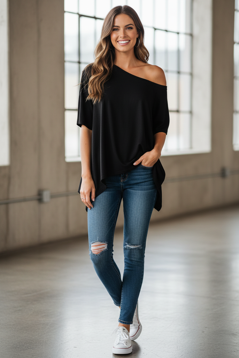 Off-Shoulder Flowy Hem T-Shirt