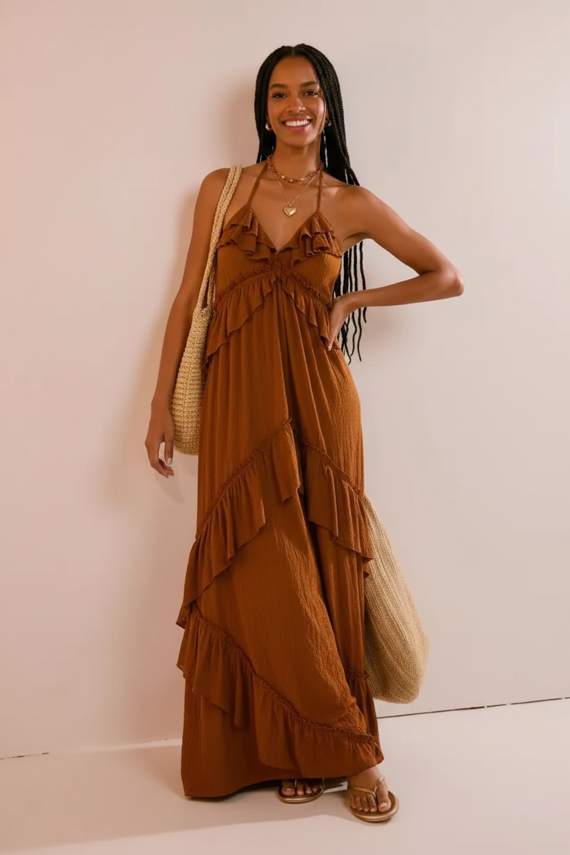 Ruffled Halter Neck Maxi Dress