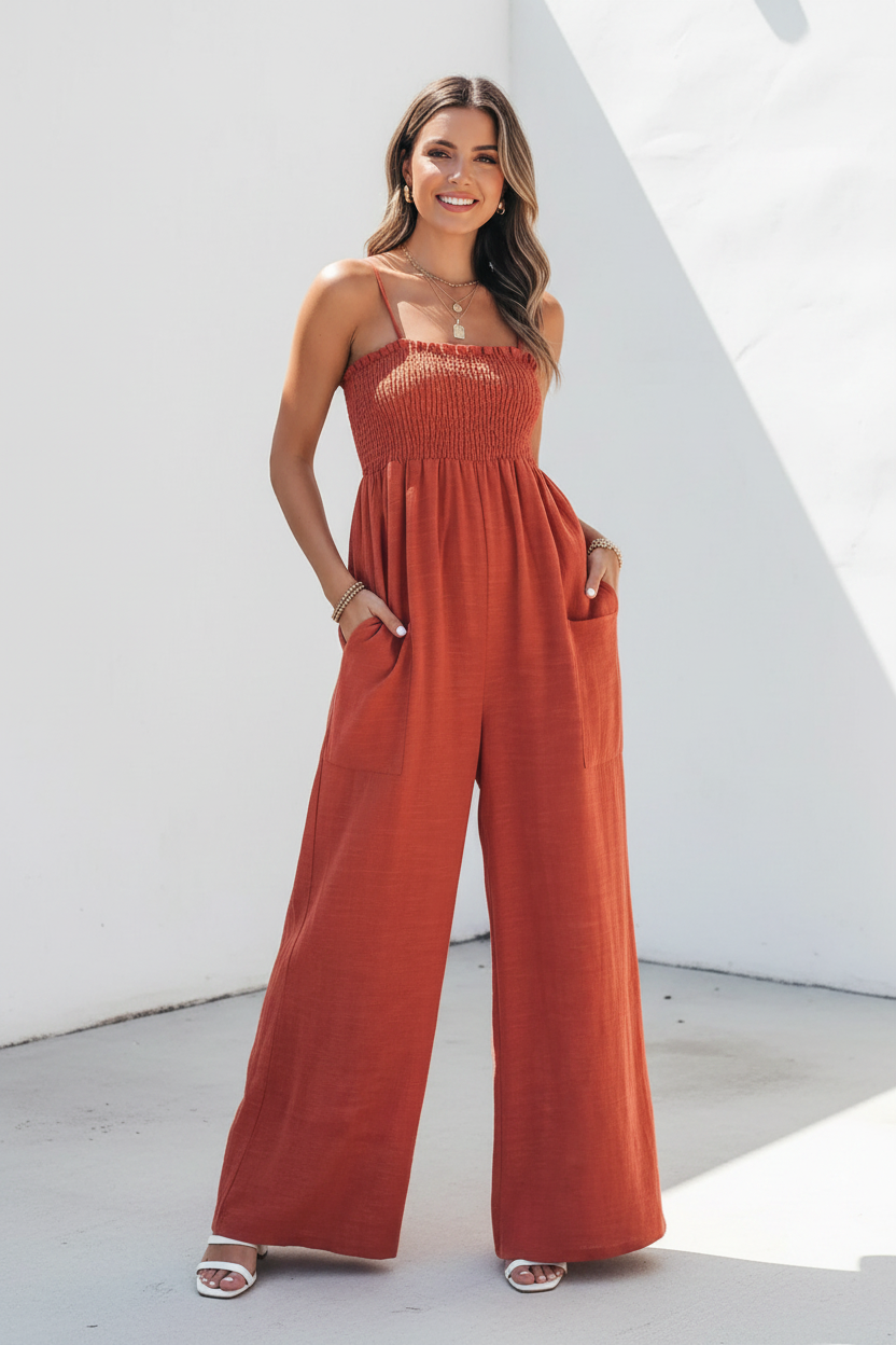 Smocked Wide Leg Jumpsuit