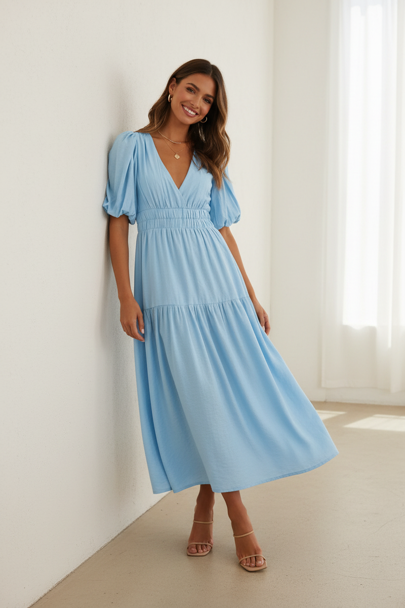 V-Neck Puff Sleeve Dress